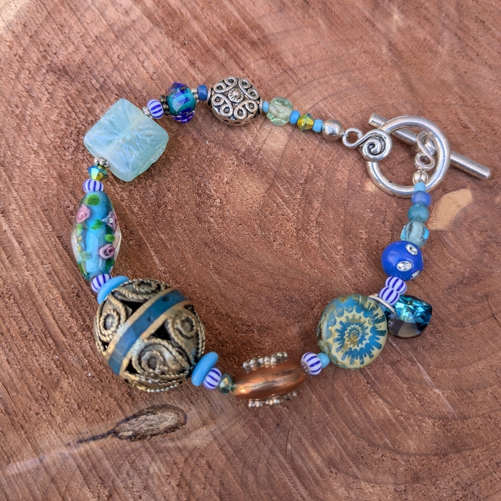 Blue and Silver Bohemian Bracelet with Beads and Charms